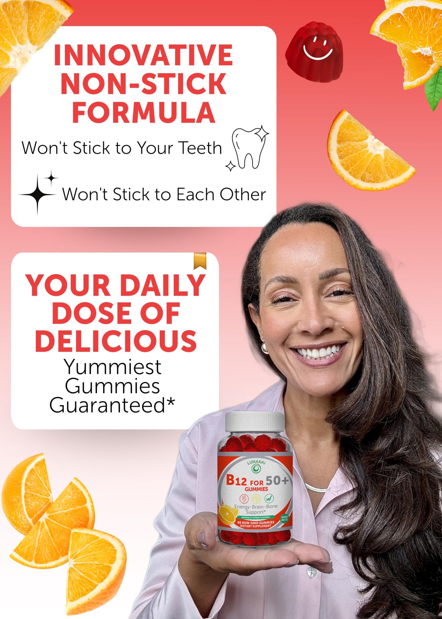 Lunakai USA Made Vitamin B12 Gummies for Adults 50+ - Non-GMO, Energy & Vitality, Orange Flavor, 60ct