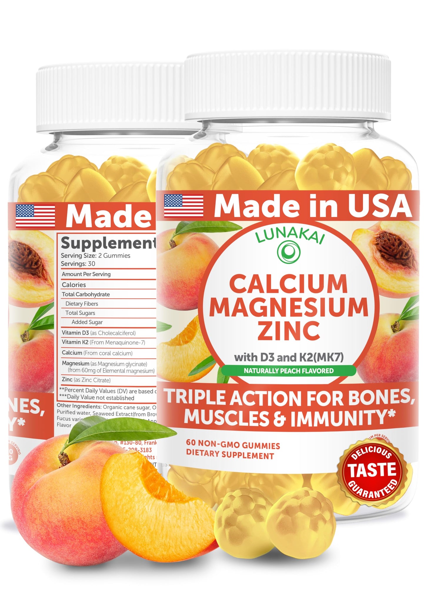 Lunakai USA Calcium Gummies with Magnesium, Zinc, Vitamin D3 & K2 – 60ct