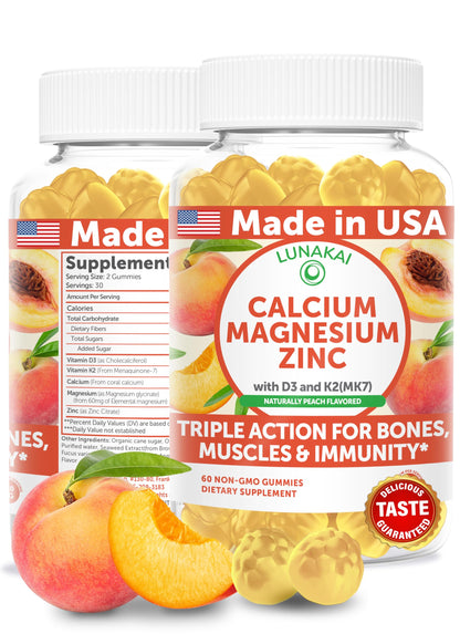 Lunakai USA Calcium Gummies with Magnesium, Zinc, Vitamin D3 & K2 – 60ct