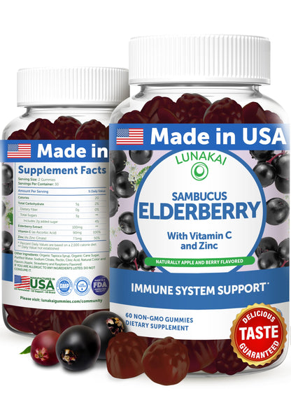 Lunakai USA Made Black Sambucus Elderberry Gummies – Immune Support for Adults & Kids, Vitamin C & Zinc, Non-GMO, 60 Gummies