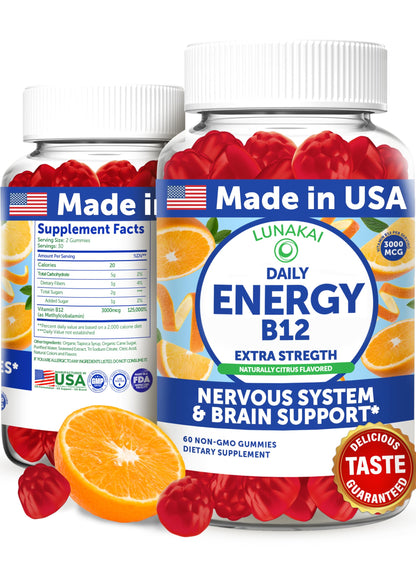Lunakai Energy Gummies – USA Made Vegan B12 (3000 mcg) 60ct