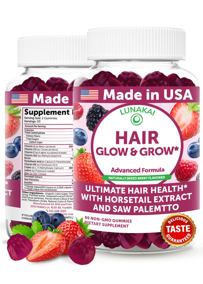 Lunakai USA Made Hair Gummies – Biotin, Zinc & Horsetail | Hair Growth Vitamins 60ct