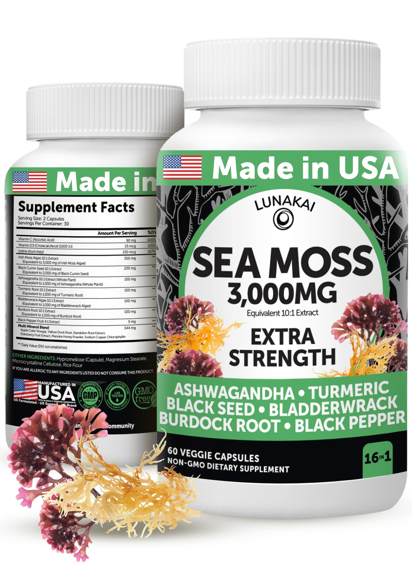 Lunakai USA Irish Sea Moss Capsules with Black Seed Oil – 60ct