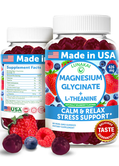 Lunakai USA Magnesium Glycinate Gummies 60ct – Calm, Sleep & Stress Relief with L-Theanine (Non-GMO, Vegan)