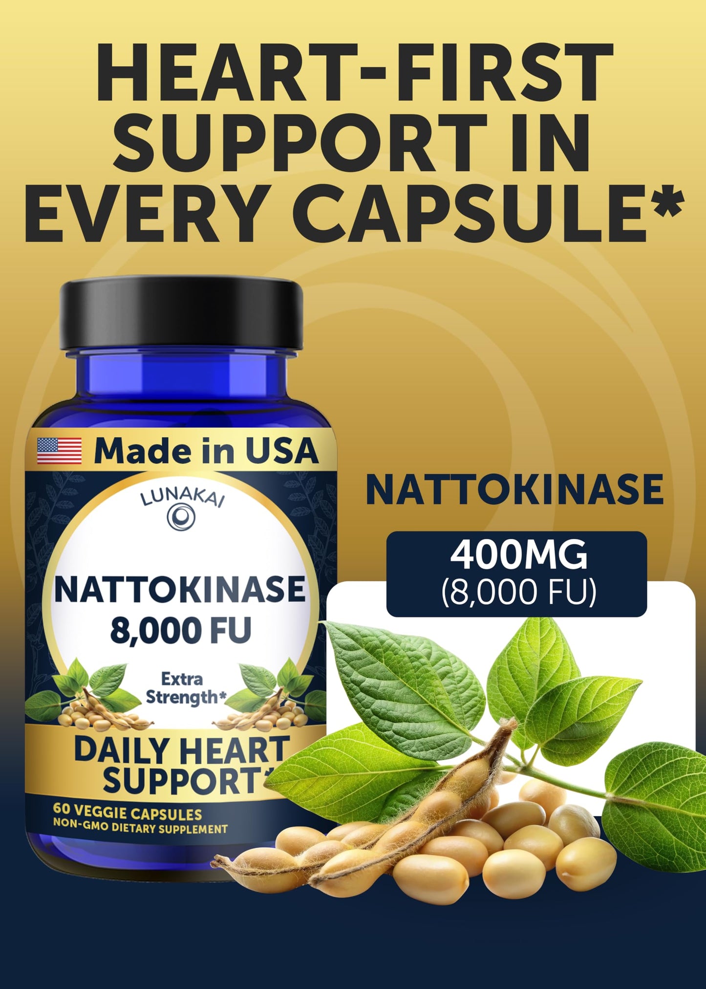 Lunakai USA Nattokinase – 8000 FU/Serving, Heart Support, 60ct, Non-GMO, Vegan