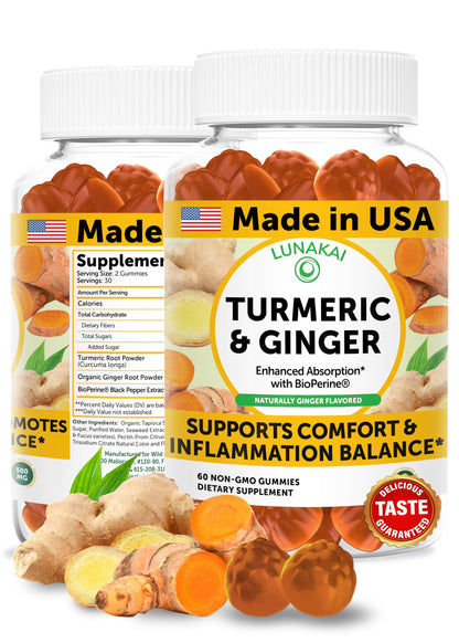 Lunakai USA Made Turmeric Gummies with Ginger & BioPerine – High Absorption, Joint & Immune Support (60ct)