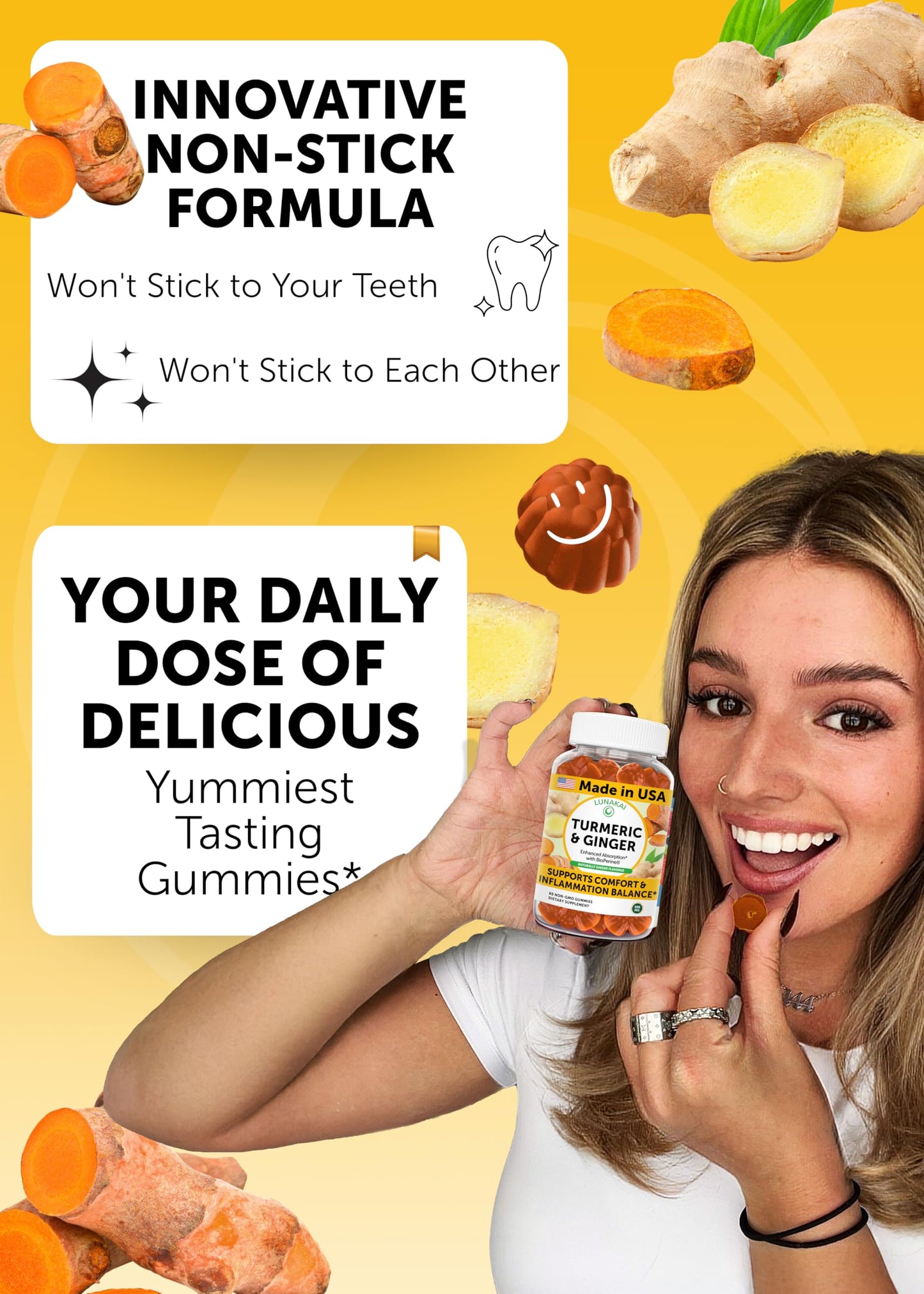 Lunakai USA Made Turmeric Gummies with Ginger & BioPerine – High Absorption, Joint & Immune Support (60ct)