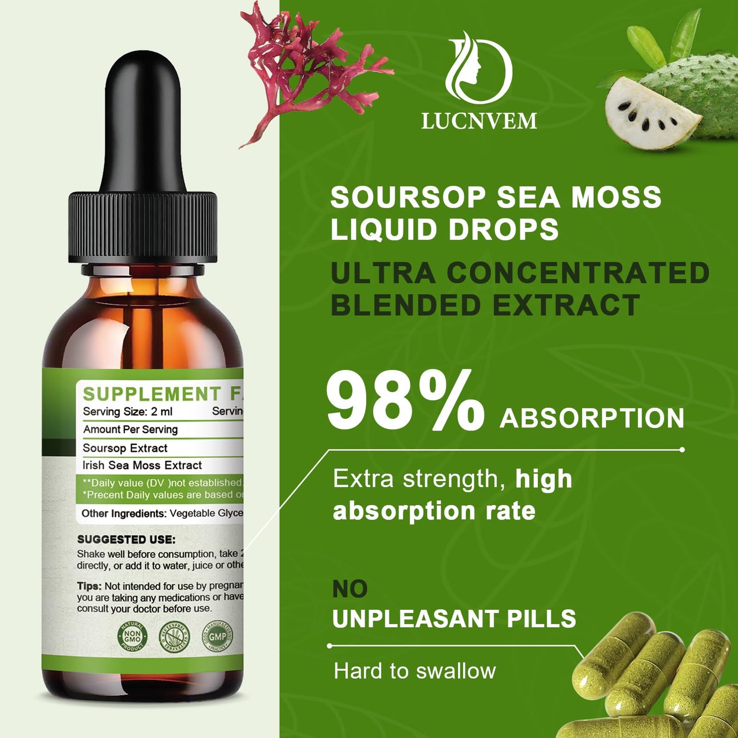 LUCNVEM 2 Pack Soursop Graviola with Sea Moss Drops – Immune Support & Antioxidants | Pineapple Flavor
