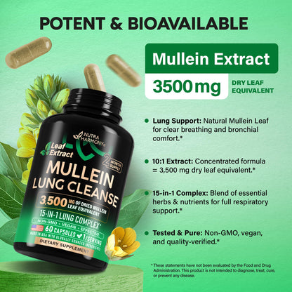 Mullein Leaf Extract for Lung Detox – 15-in-1 Lung Support (USA Made) | Smokers Cleanse