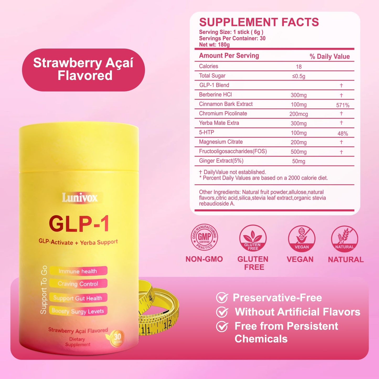 Lunivox GLP-1 Drink Mix – Dual-Action Prebiotic for Gut Wellness & Energy | Non-GMO, Gluten-Free & Vegan | Strawberry Açaí (30 Sticks)