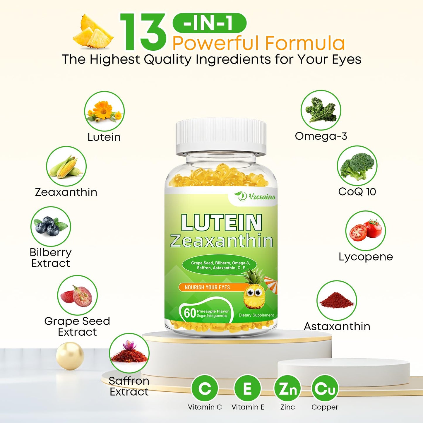 Lutein 20 mg with Zeaxanthin Gummies - Eye Health Vitamins 60 Count