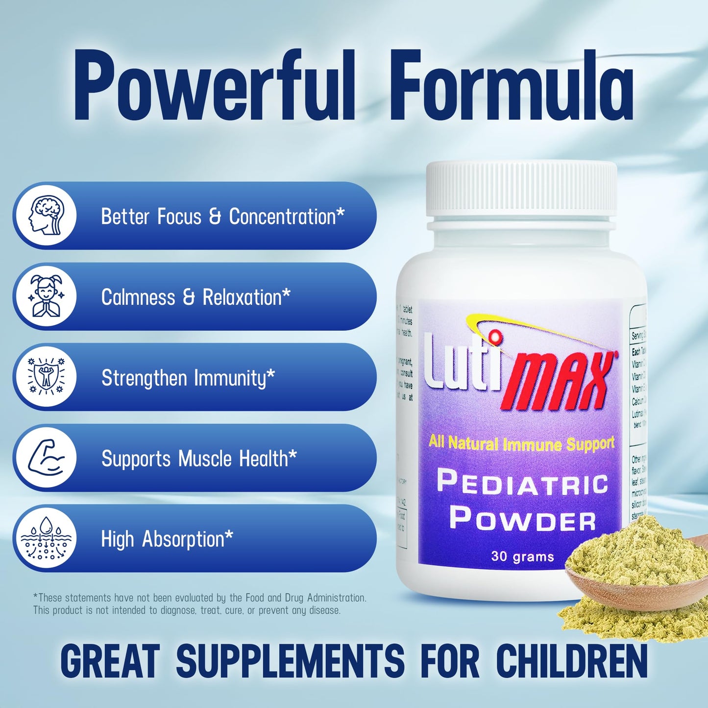 Lutimax Pediatric Powder – Luteolin & Rutin Brain Supplement for Kids | Memory, Focus, Immune & Muscle Support | 200 Servings