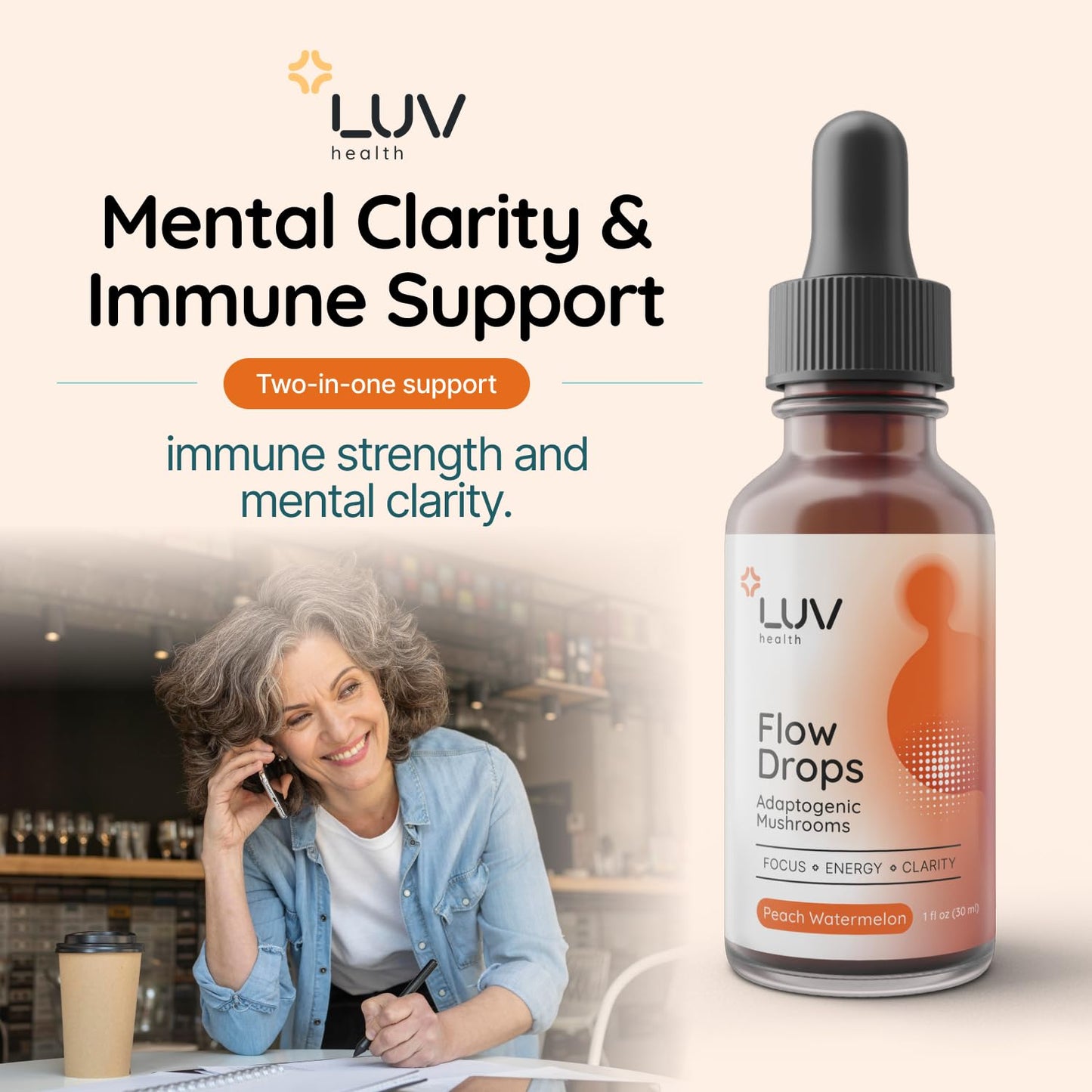 LUV health Flow Drops® – Energy, Focus & Immune Support with Adaptogenic Mushrooms | Made in USA | 90 Servings