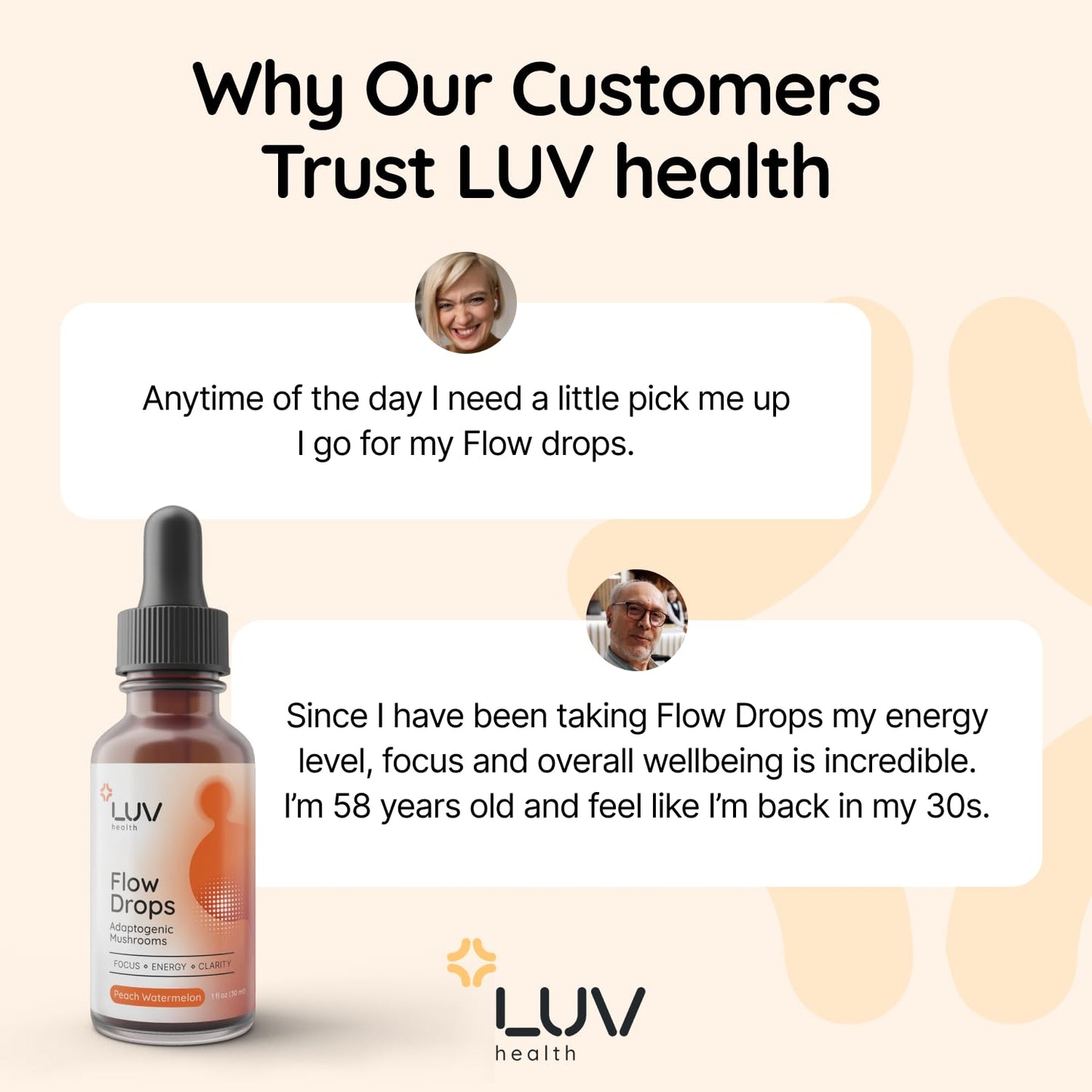 LUV health Flow Drops® – Energy, Focus & Immune Support with Adaptogenic Mushrooms | Made in USA | 90 Servings