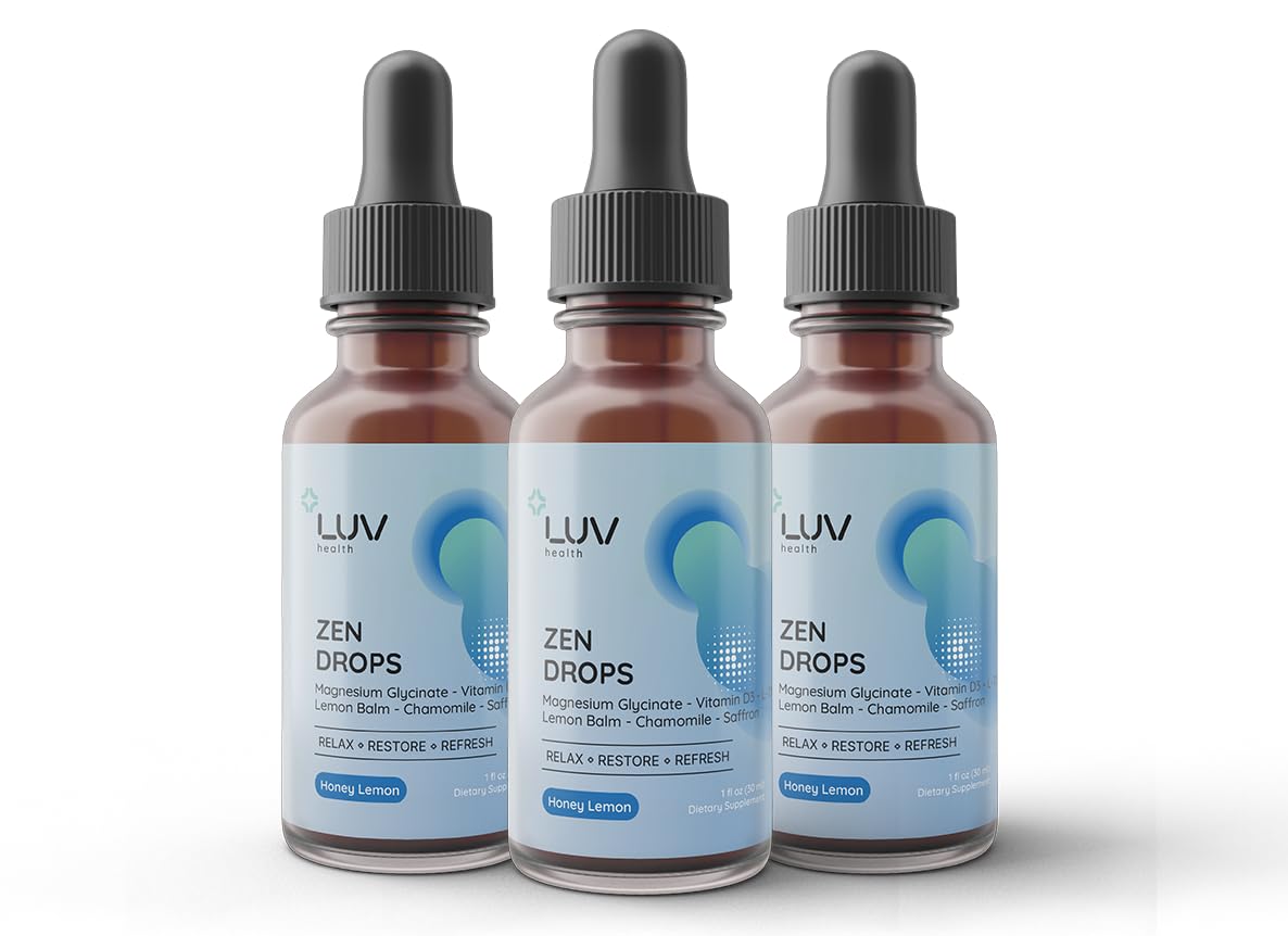 LUV Health Zen Drops 3Pack – Stress & Anxiety Support (Mag Glycinate, D3, L-Theanine) | Keto, Vegan, USA Made