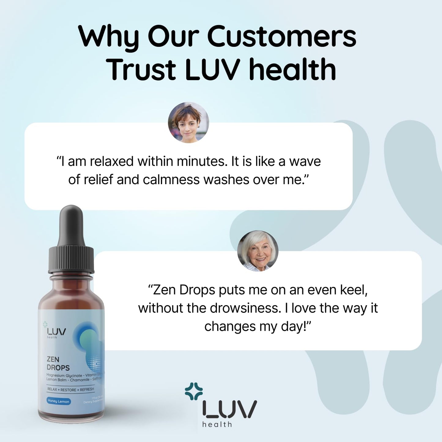LUV Health Zen Drops 3Pack – Stress & Anxiety Support (Mag Glycinate, D3, L-Theanine) | Keto, Vegan, USA Made