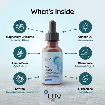 LUV Health Zen Drops 3Pack – Stress & Anxiety Support (Mag Glycinate, D3, L-Theanine) | Keto, Vegan, USA Made