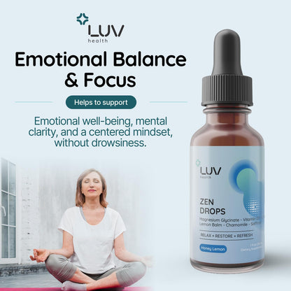 LUV Health Zen Drops 3Pack – Stress & Anxiety Support (Mag Glycinate, D3, L-Theanine) | Keto, Vegan, USA Made