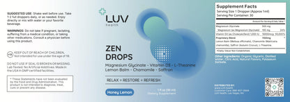 LUV Zen Drops: Anxiety & Stress Support Drops with Magnesium Glycinate, Vitamin D3, L-Theanine | Vegan, Keto, USA Made