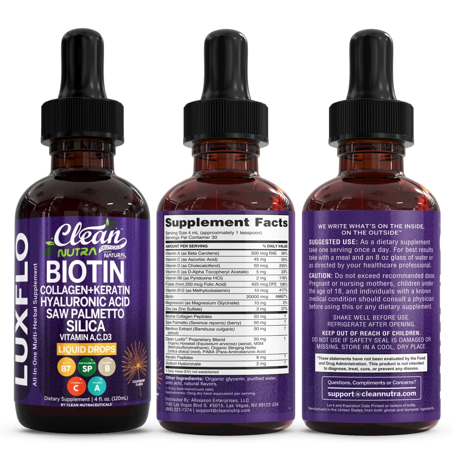 LuxGlo by Clean Nutra – Biotin Liquid Drops for Hair, Skin & Nails (Collagen, Keratin, Hyaluronic Acid) – 2 Pack