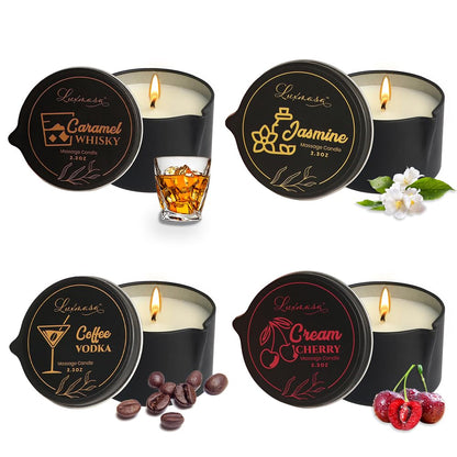 LUXMASA 4-Pack Soybean Wax Massage Candles – Jasmine, Caramel Whisky, Coffee Vodka, Cream Cherry