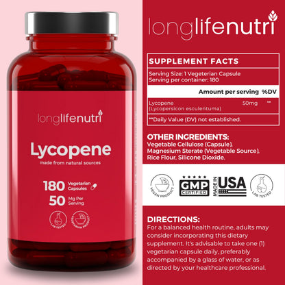 Lycopene 50mg 180 Vegetarian Capsules - Non-GMO Tomato Extract | LongLifeNutri