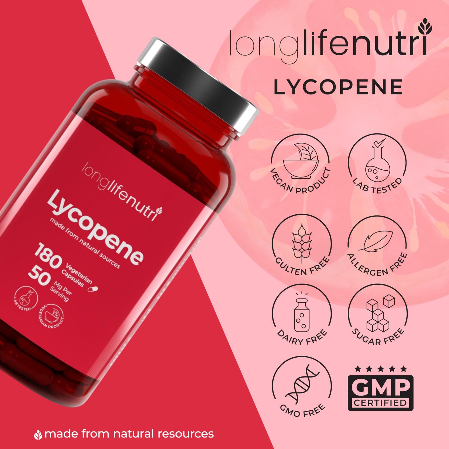 Lycopene 50mg 180 Vegetarian Capsules - Non-GMO Tomato Extract | LongLifeNutri