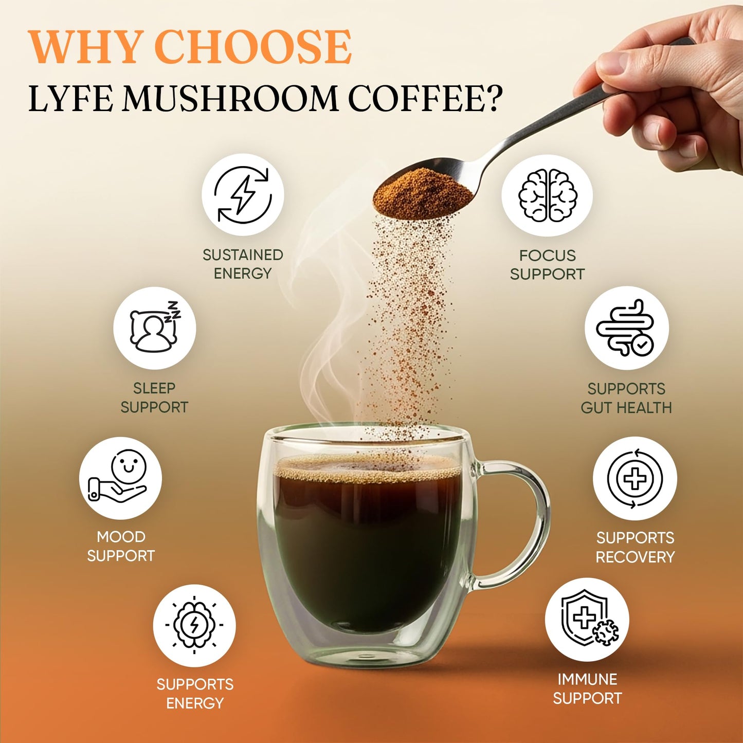 LYFE Organic Instant Decaf Mushroom Coffee – 40 Servings | Lion’s Mane, Chaga, Cordyceps & Turkey Tail