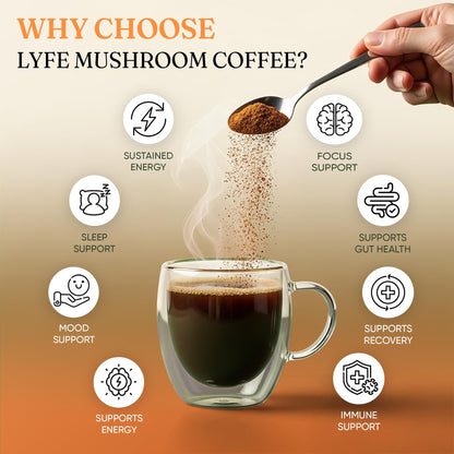 LYFE Organic Instant Decaf Mushroom Coffee – 40 Servings | Lion’s Mane, Chaga, Cordyceps & Turkey Tail