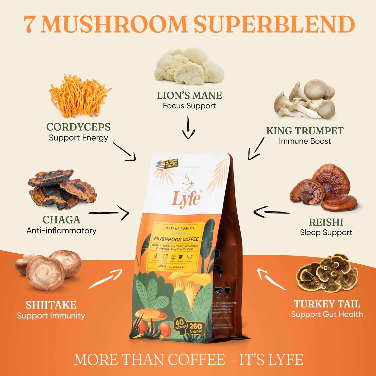 LYFE Organic Instant Decaf Mushroom Coffee – 40 Servings | Lion’s Mane, Chaga, Cordyceps & Turkey Tail