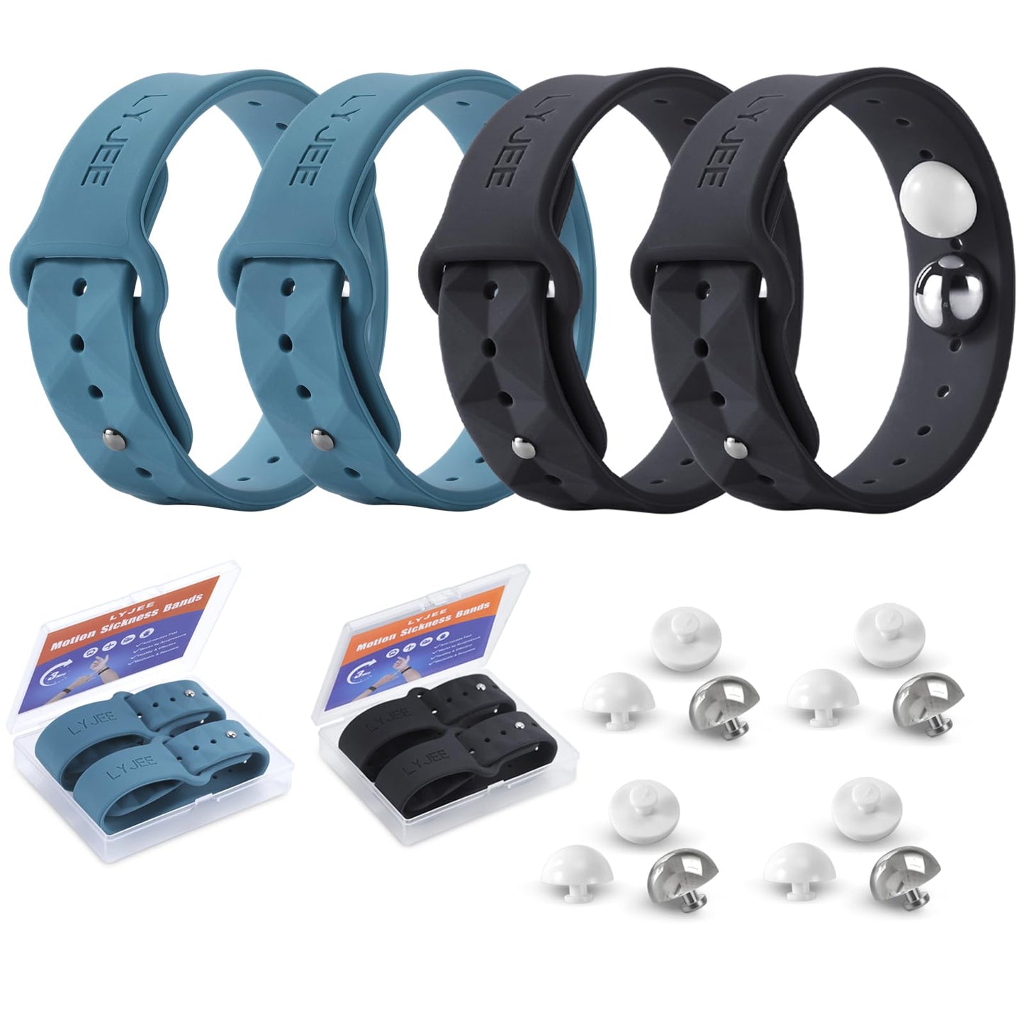 LYJEE Motion Sickness Bands - Adjustable Acupressure Nausea Wristbands (Black & Blue)