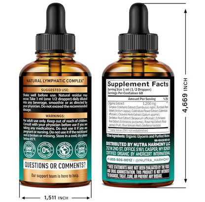 USDA Organic Lymphatic Drainage Supplement - Echinacea | Elderberry | Dandelion | Rosehip | Cleavers | Calendula | Burdock - Made in USA - Lymph System Drops - Immune Support, Cleanse & Detox, 2 fl oz