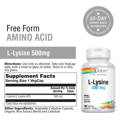 SOLARAY L-Lysine 500 mg Capsules – Free-Form Essential Amino Acid Supplement