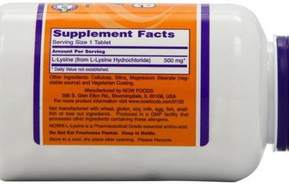 NOW Supplements L-Lysine (L-Lysine Hydrochloride) 500 mg – 250 Tablets | Amino Acid