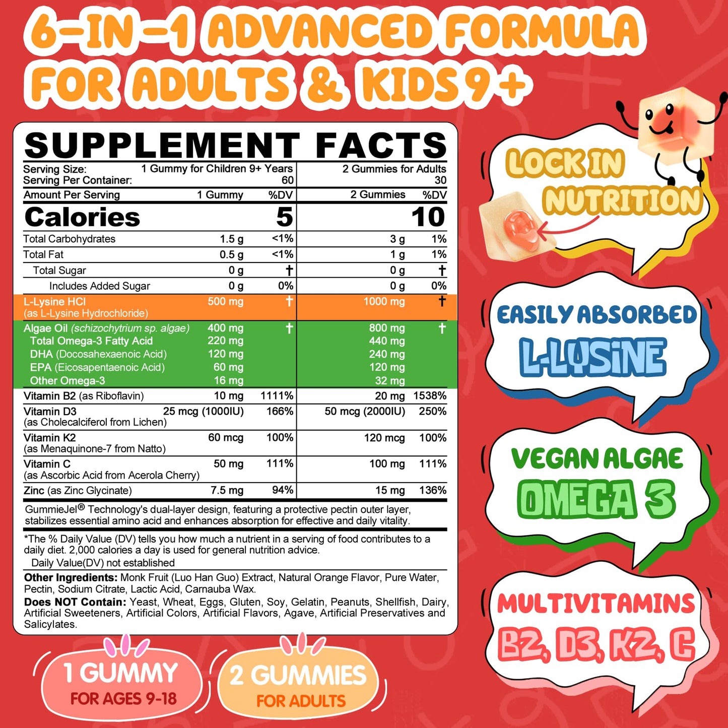 L-Lysine Gummies 500/1000mg with Algae Omega-3, B2, D3, K2, C – Sugar Free for Kids 9+, Teens & Adults
