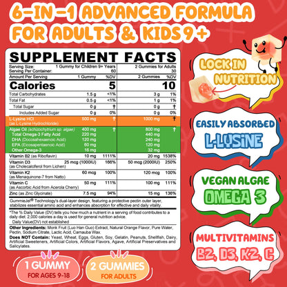 L-Lysine Gummies 500/1000mg with Algae Omega-3, B2, D3, K2, C – Sugar Free for Kids 9+, Teens & Adults
