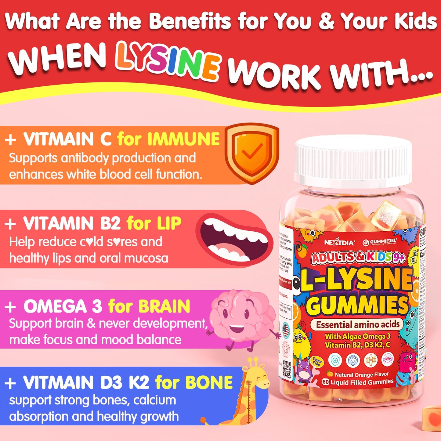 L-Lysine Gummies 500/1000mg with Algae Omega-3, B2, D3, K2, C – Sugar Free for Kids 9+, Teens & Adults