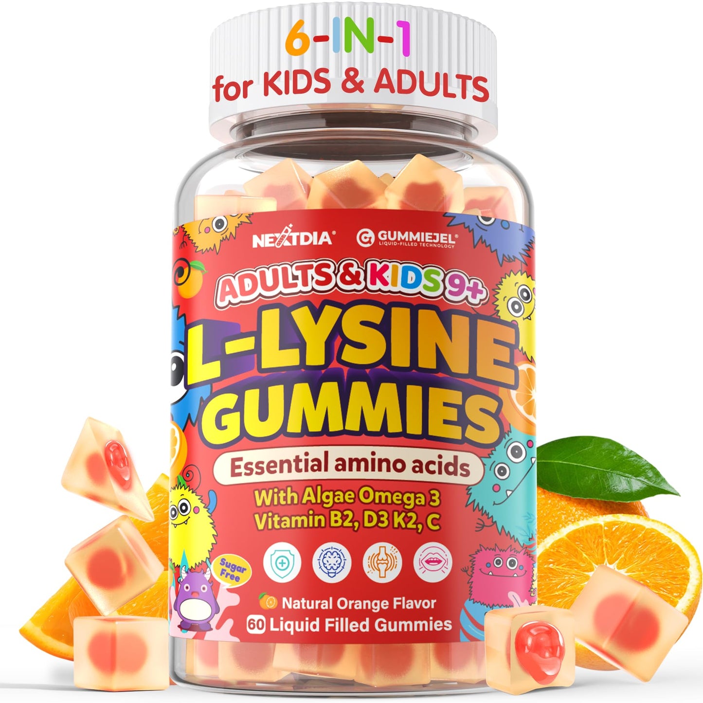 L-Lysine Gummies 500/1000mg with Algae Omega-3, B2, D3, K2, C – Sugar Free for Kids 9+, Teens & Adults