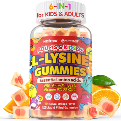 L-Lysine Gummies 500/1000mg with Algae Omega-3, B2, D3, K2, C – Sugar Free for Kids 9+, Teens & Adults