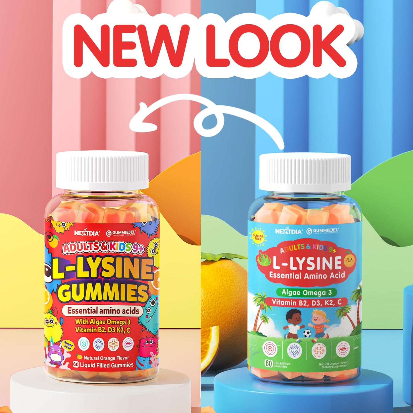 L-Lysine Gummies 500/1000mg with Algae Omega-3, B2, D3, K2, C – Sugar Free for Kids 9+, Teens & Adults