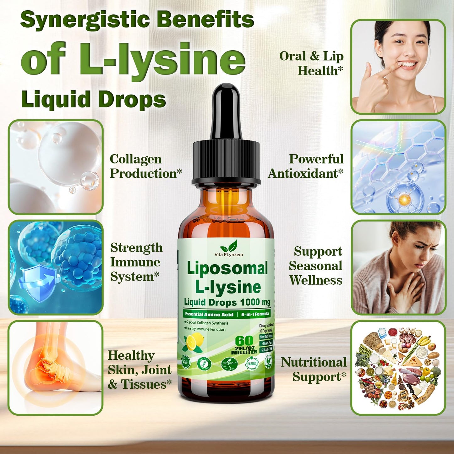6-in-1 L-Lysine 1000mg Liquid Drops – Immune & Lip Health (Liposomal)