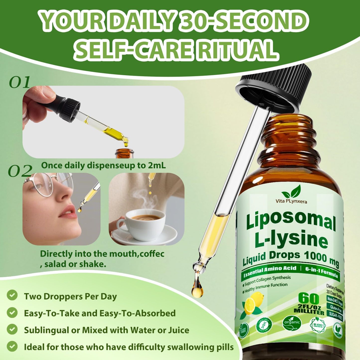 6-in-1 L-Lysine 1000mg Liquid Drops – Immune & Lip Health (Liposomal)