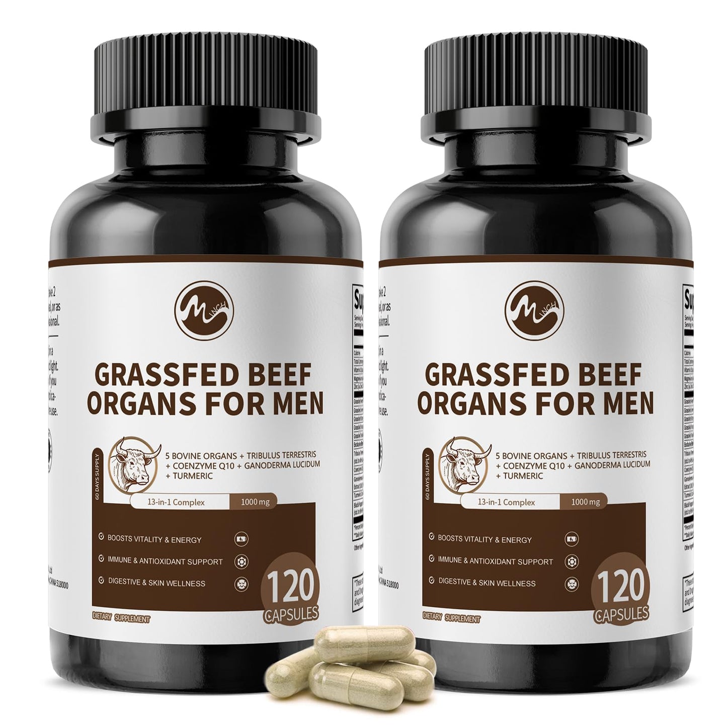 M inch Beef Organs Supplement for Men – Liver, Heart, Kidney, Pancreas with CoQ10 & Tribulus, 240 Count