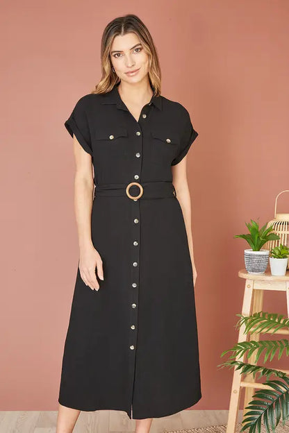 Yumi Black Viscose Linen Look Midi Shirt Dress With Wooden Belt