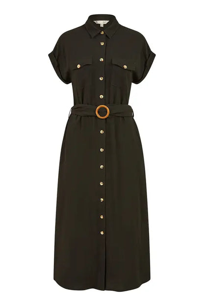 Yumi Black Viscose Linen Look Midi Shirt Dress With Wooden Belt