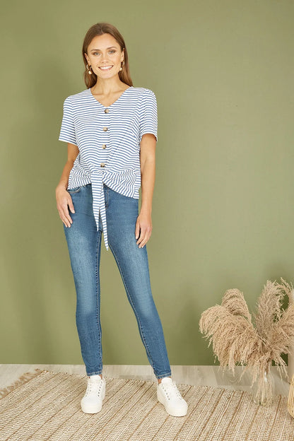 Yumi Blue Striped Jersey Button Detail Top