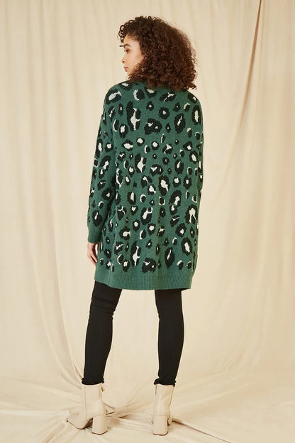 Yumi Green Animal Intarsia Long Cardigan
