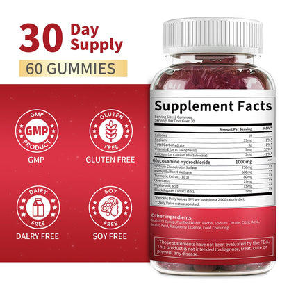 MABEFY 2 Pack Glucosamine Chondroitin Gummies – 1000mg Glucosamine, 750mg Chondroitin, MSM, Turmeric, Quercetin, Vitamin E – Joint Health Raspberry