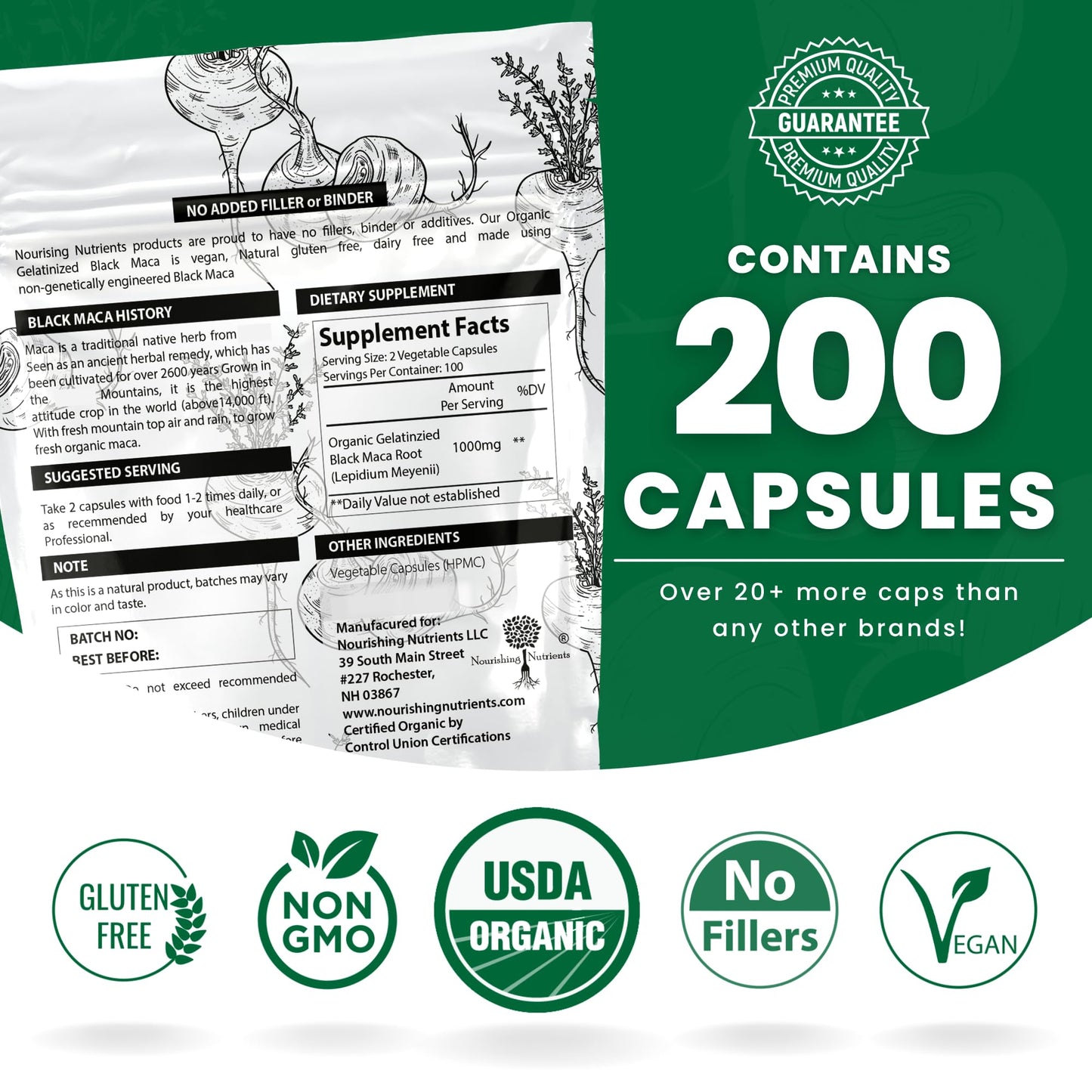 Organic Gelatinized Black Maca – 200 Capsules (1000 mg each) for Energy, Focus & Endurance