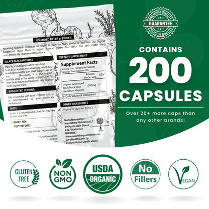 Organic Gelatinized Black Maca – 200 Capsules (1000 mg each) for Energy, Focus & Endurance